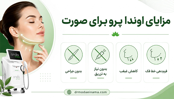 مزایای اوندا پرو برای صورت شامل کاهش غبغب، فرمدهی خط فک و درمان غیرجراحی